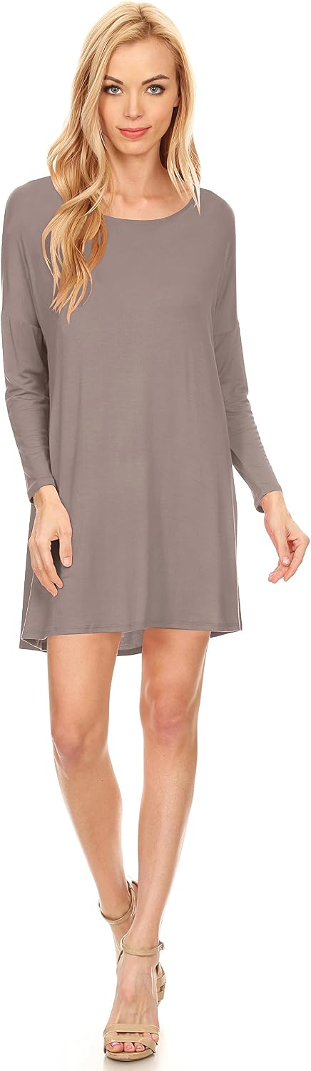 Women's Basic Tunic A-line Casual Short Dress, Long Sleeves, Round Neck, Made in USA