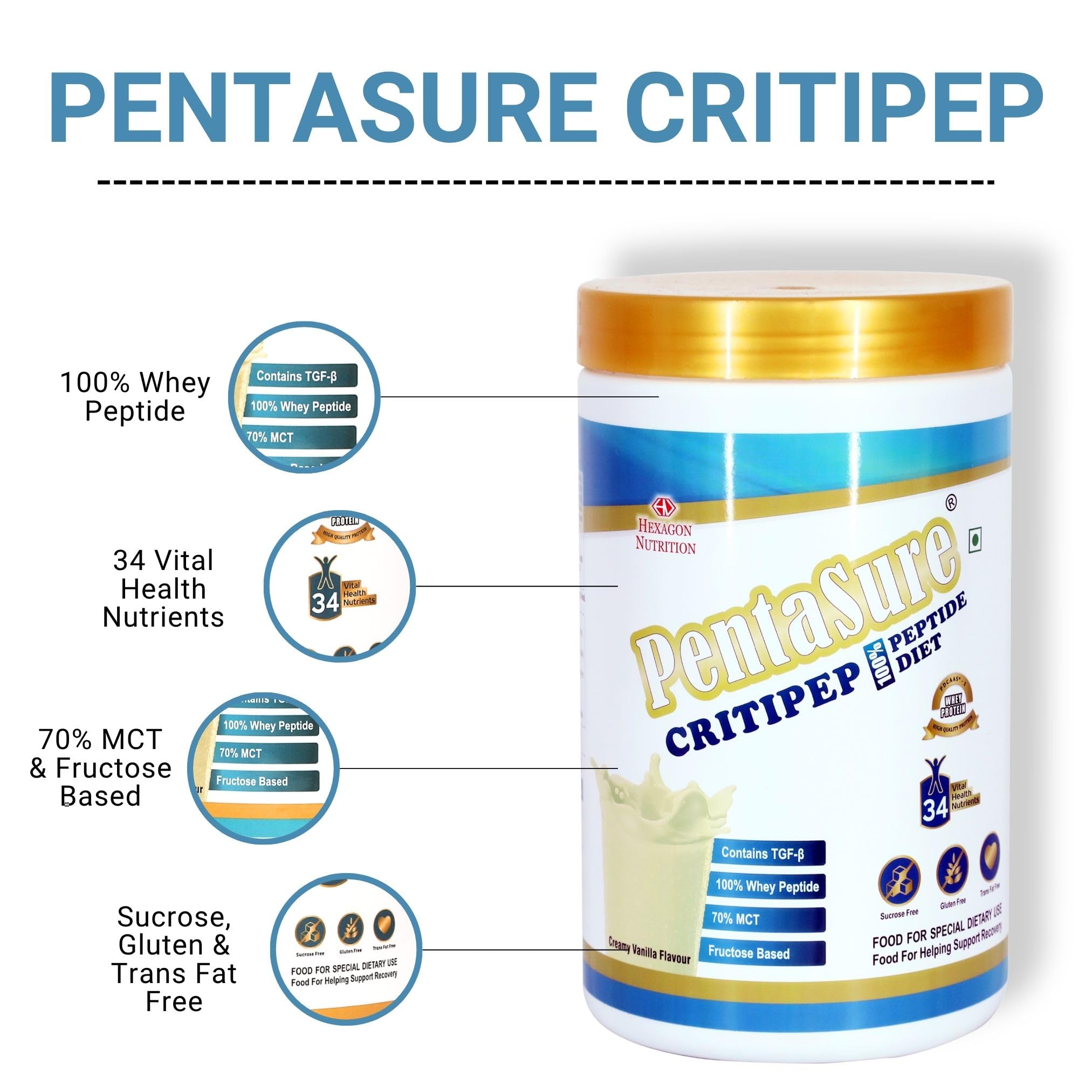 PentaSure Critipep Peptide Diet Powder | Creamy Vanilla Flavor - 1Kg | 100% Whey Peptide, MCT, Fructose Based Nutritional Supplement Drink | 34 Vital Nutrients | 20g Protein per 100g — Amazon image 5
