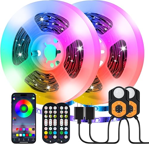 Tira de luces LED activadas por movimiento de 9.8 pies x 2, 3 modos de luces LED RGB regulables para cama con control remoto y temporizador,