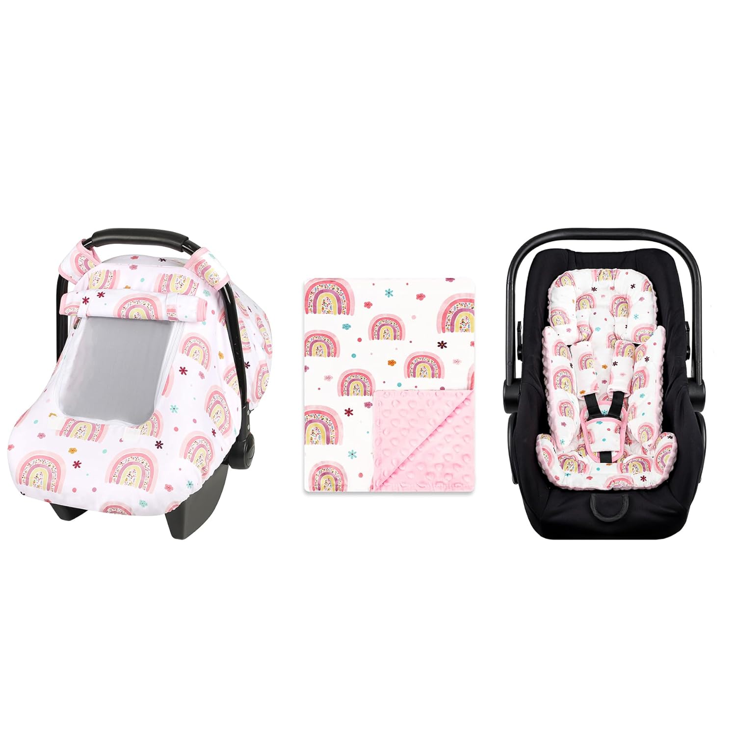 Pack of Rainbow Baby Car seat Cover, Blanket, and Head Support, Double Layer Design with Warm Minky Dot Backing