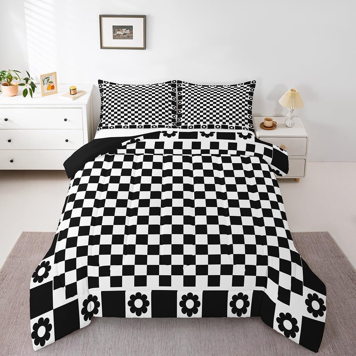 Black White Grid Comforter Set Twin Size, Geometric Lattice Checkerd Bedding Set 2pcs, Black Flower Plaid Down Comforter for All Season, Kids Boy Room Decor, Soft Polyester Quilt Set, 1 Pillowcase