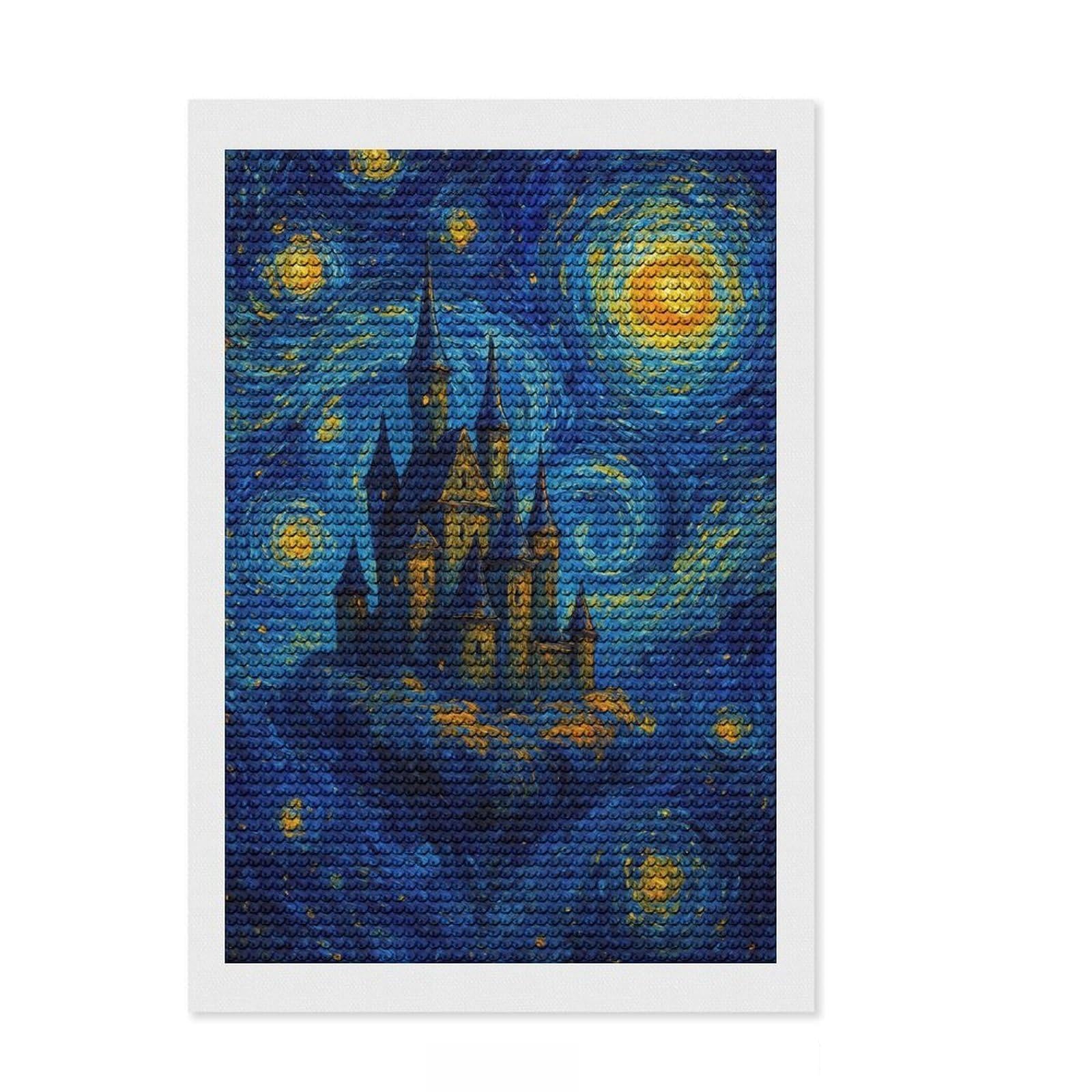 Junmoney Castle in Starry Night Style Round Drill Diamond Painting 8"x12", with Tool Kit, Easy to Follow Symbols, Farmhouse Decor, for Craft Lovers