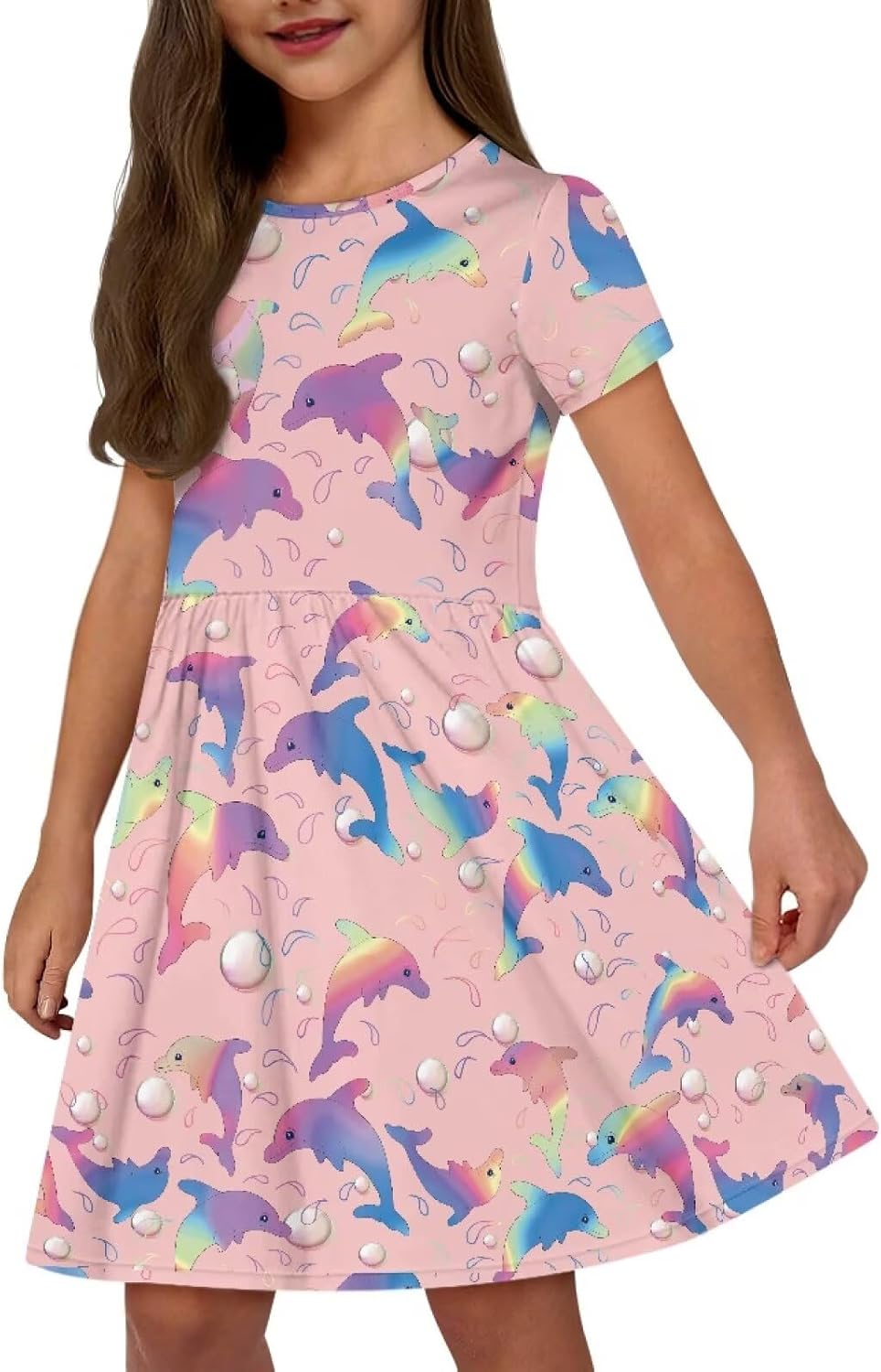 Casual Short Sleeve Dress for Girls 2-14 Years High Waist Elastic Design Soft Comfortable