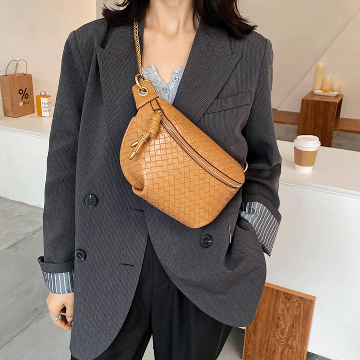 Woven Bum Bag Stylish Sling Purse with Adjustable PU Leather Belt Fanny Waist Pack Chest Shoulder Bag Retro Crossbody Bum Bags for Women Casual Daily Use(Brown) - Image 2