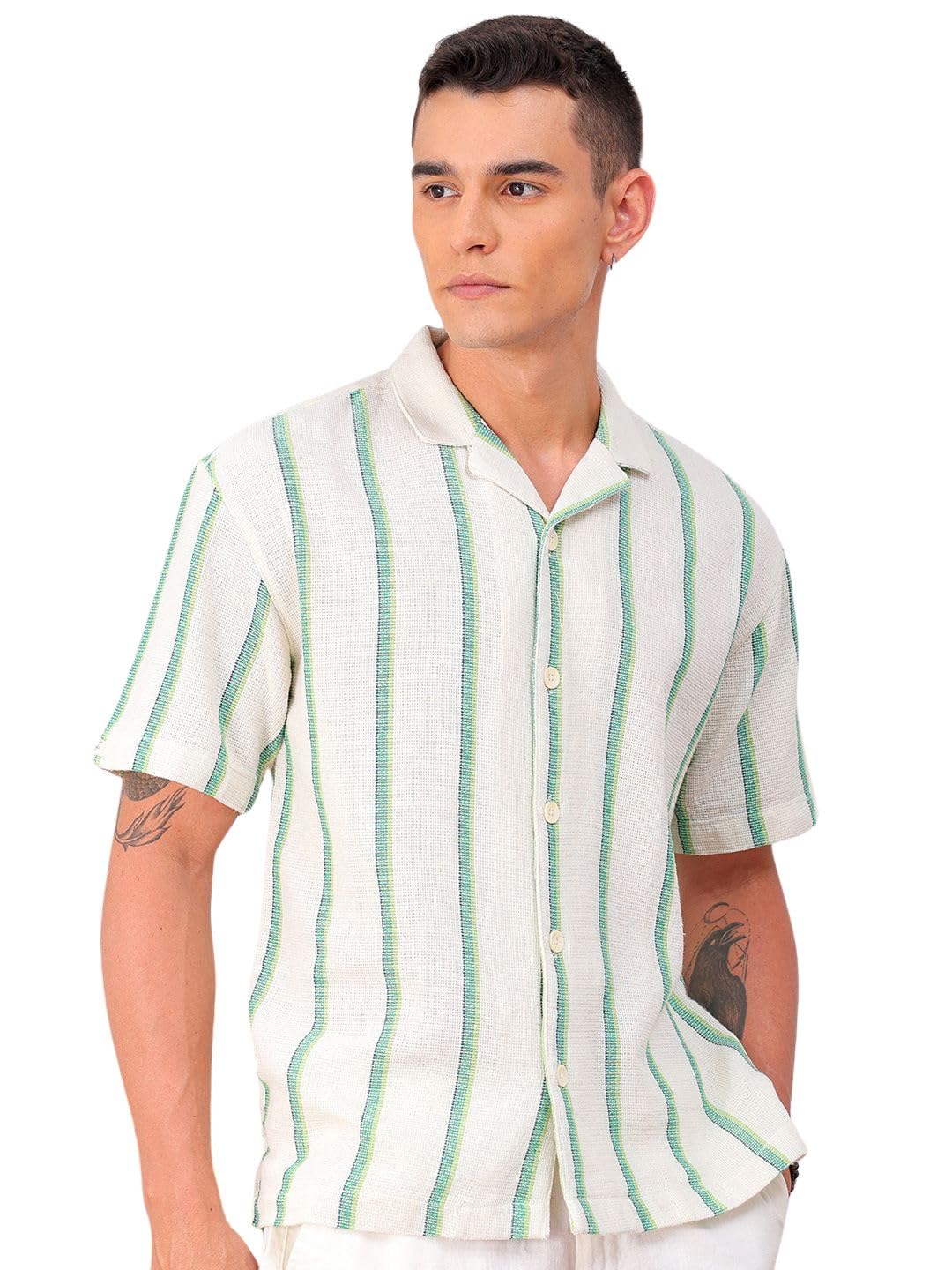 the indian garage co Men Cotton Relaxed Fit Striped Half Sleeves Cuban Collar Resort Wear Shirt-picture-19