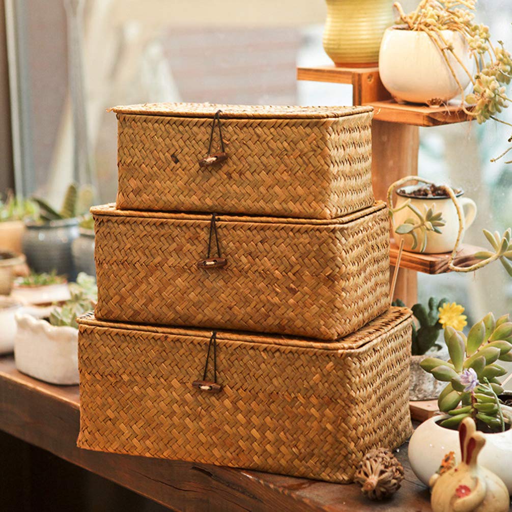 FOMIYES Seagrass Basket with Lid 3pcs Seagrass Storage Baskets with Lid?Natural Wicker Baskets Woven Rectangular Basket Bins for Household Organizer Boxes Shelf Wardrobe Organizer- Size S, L