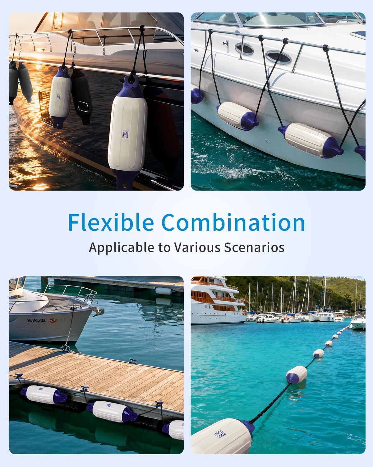 OCEANBROAD Boat Fenders 4 Pack, Inflatable Ribbed Boat Bumpers for Docking with 4 Ropes, Pump & Needles, PVC Fenders, Reinforced Dual Eyelets for Vertical/Horizontal Hanging, UV Resistant