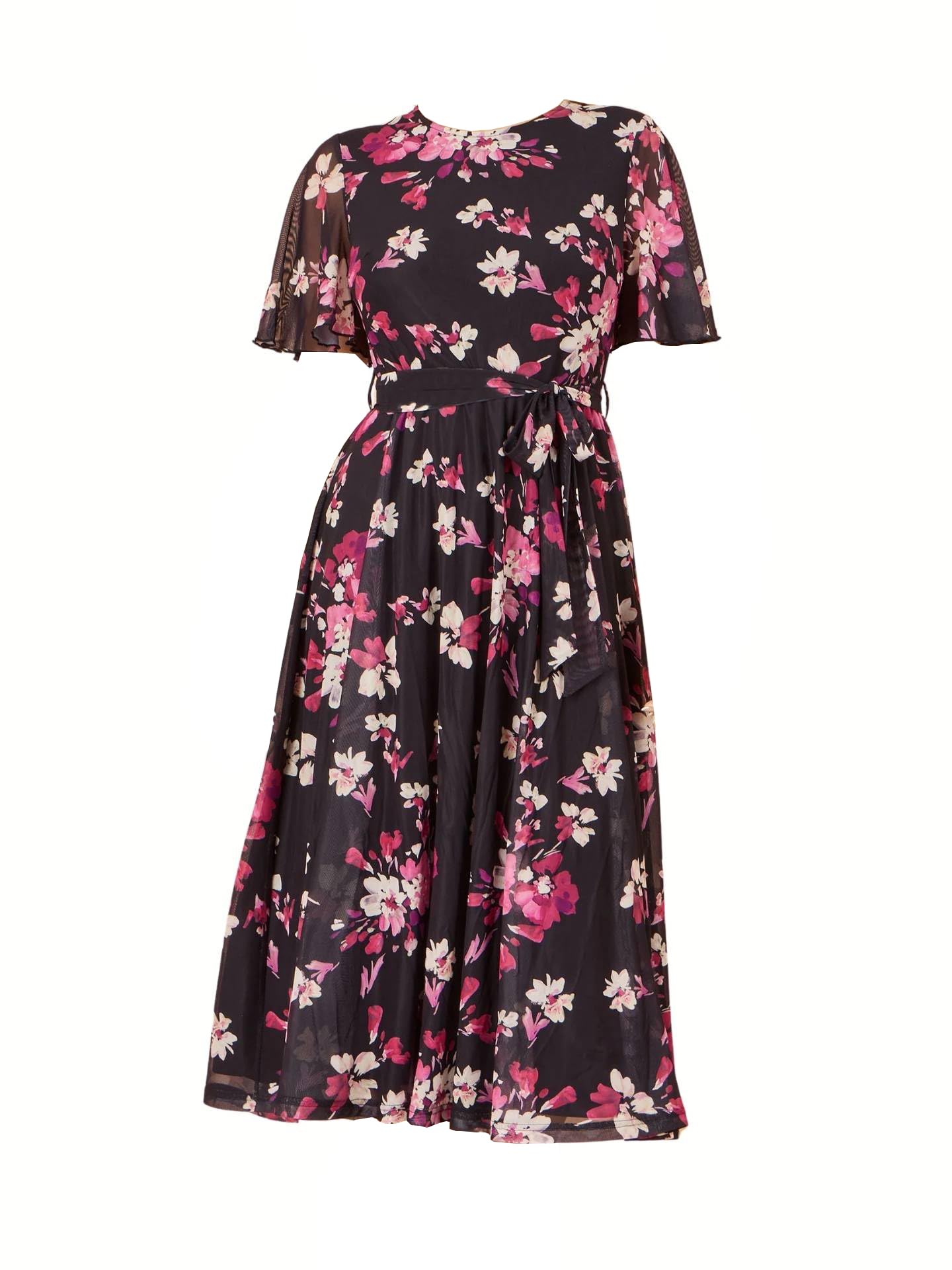Yumi Women's Black Mesh Skater Floral Midi Dress (Uk, Numeric, 12, Regular, Regular, )