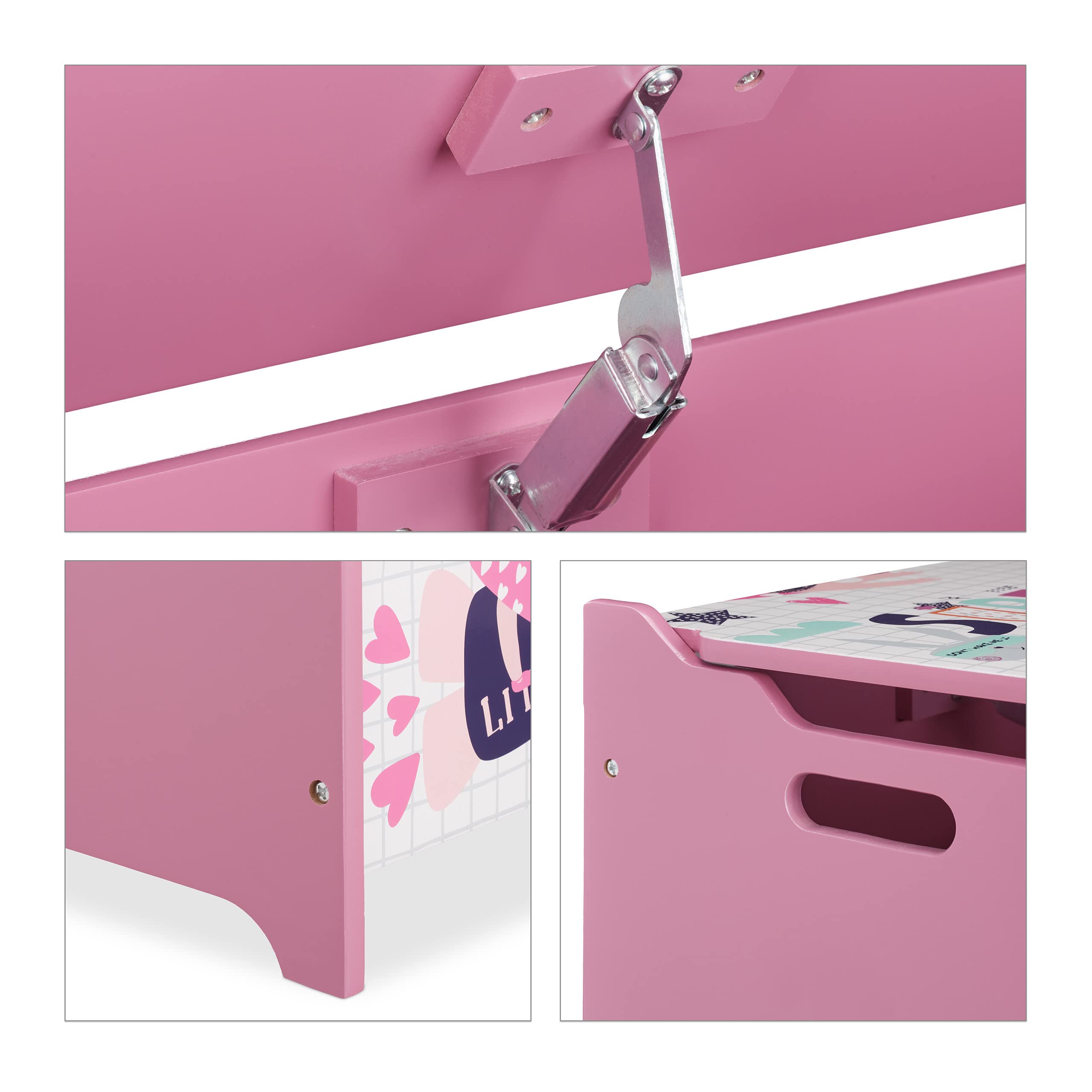 Relaxdays Spielzeugtruhe, mit Heldin-Motiv, Spielzeugkiste mit Deckel, HBT: 39x60x36,5 cm, MDF, Spielzeugbox, rosa/weiß