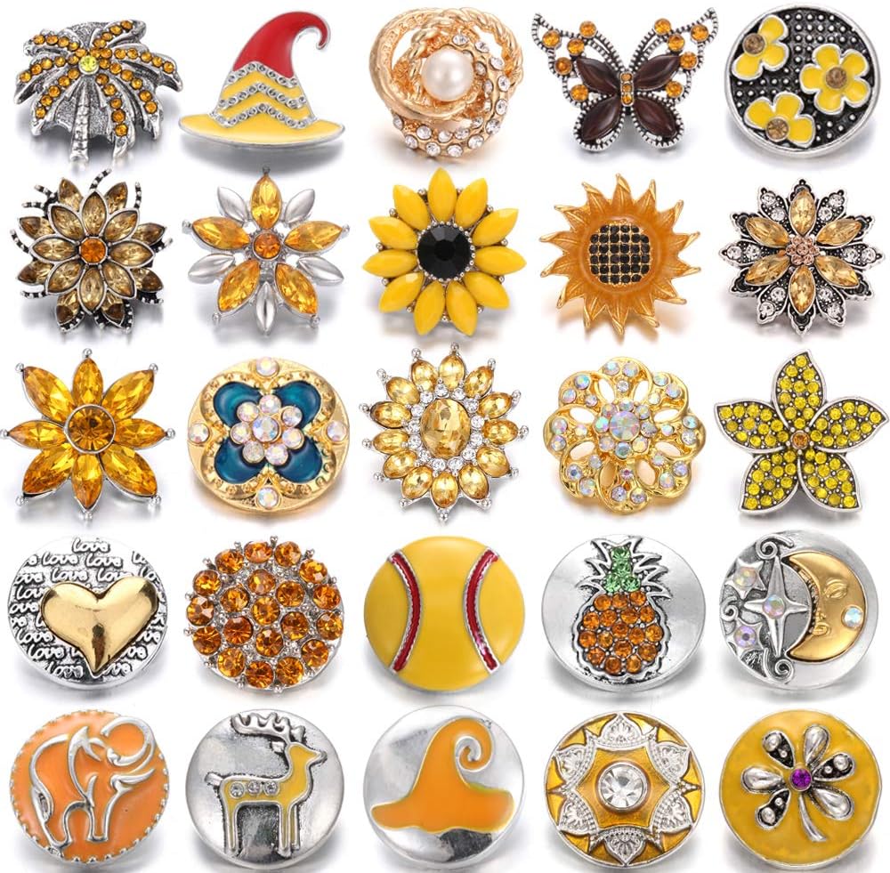 25pcs Snap Flower Charms, Alloy & Rhinestone, 18mm/20mm, Pack of 7, Snap Jewelry Bracelet Charms