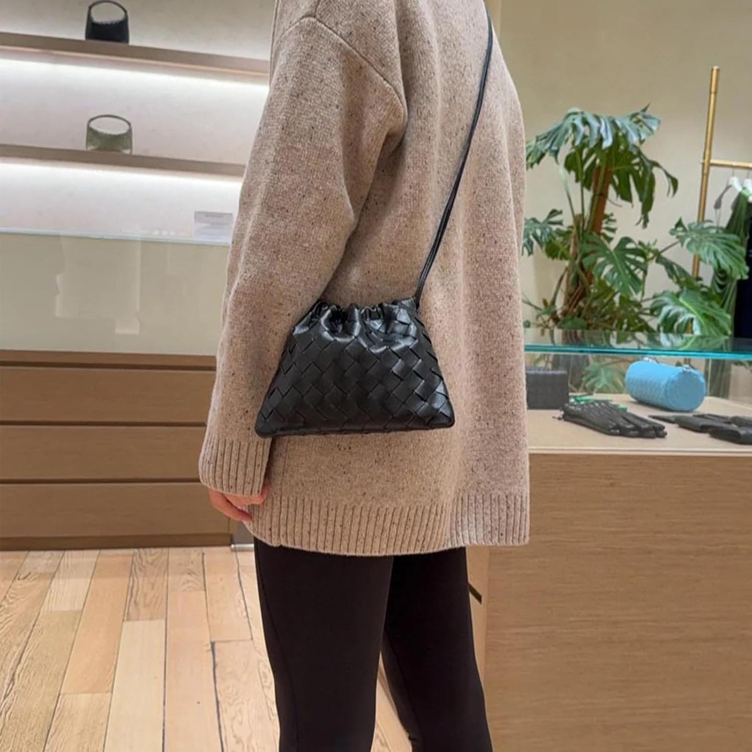 Mini Woven Drawstring Pouch Crossbody Bag for Women PU Leather Small Vintage Dustbag Style Shoulder Bag Purse - Image 3