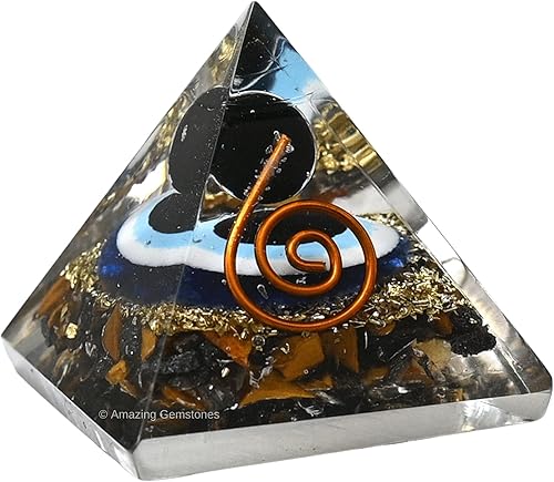 Miniatura 2 de Ultimate Protection - Pirámide de orgón con esfera de obsidiana negra de ojo malvado, cristales de triple protección, hematita de ojo de tigre y