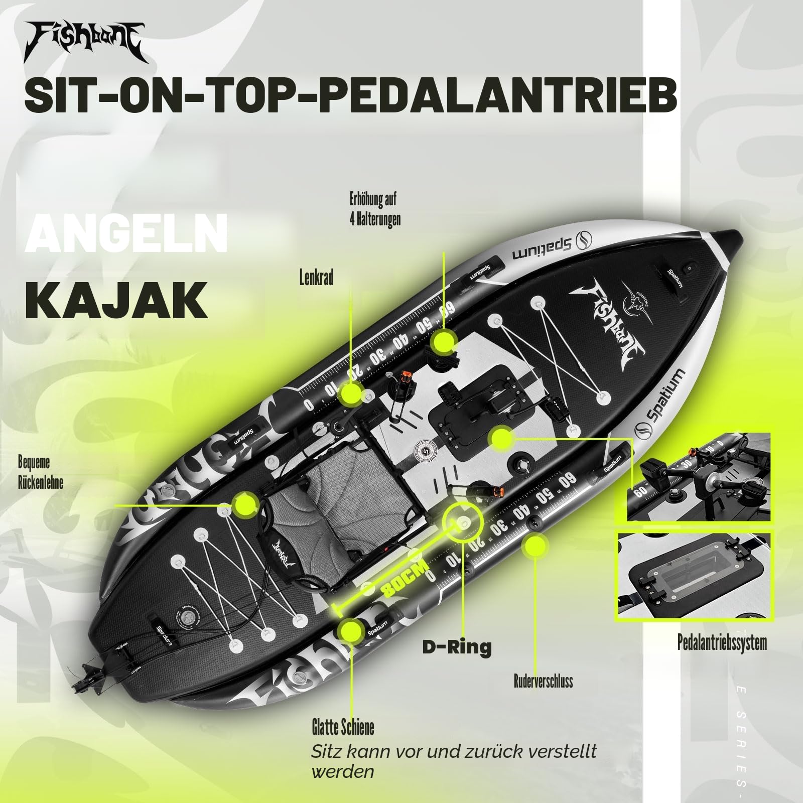 Spatium Angelpedal, aufblasbares Kajak, aufblasbares Pedalboot, zum Sitzen auf der Oberseite, für Angeln, Kajak, Einpersonen-Boot, Stand-Up-Pedal, Kajak für Erwachsene, geeignet für Flüsse, Ozeane