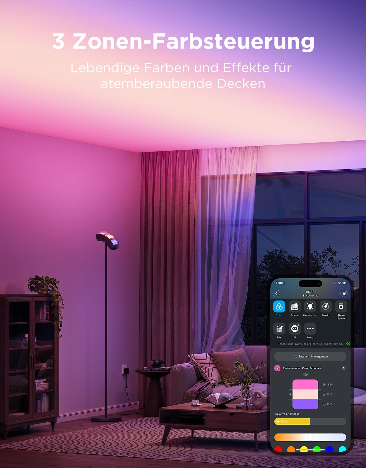 Govee Deckenfluter LED Stehlampe, RGBWWIC 3-Zone Control Stehleuchte | 16m² Gewährleisten, 780lm, 77 Szenen, Musik Sync, 170cm Stehlampen Schwarz für Wohnzimmer Schlafzimmer Deckenbeleuchtung Deko