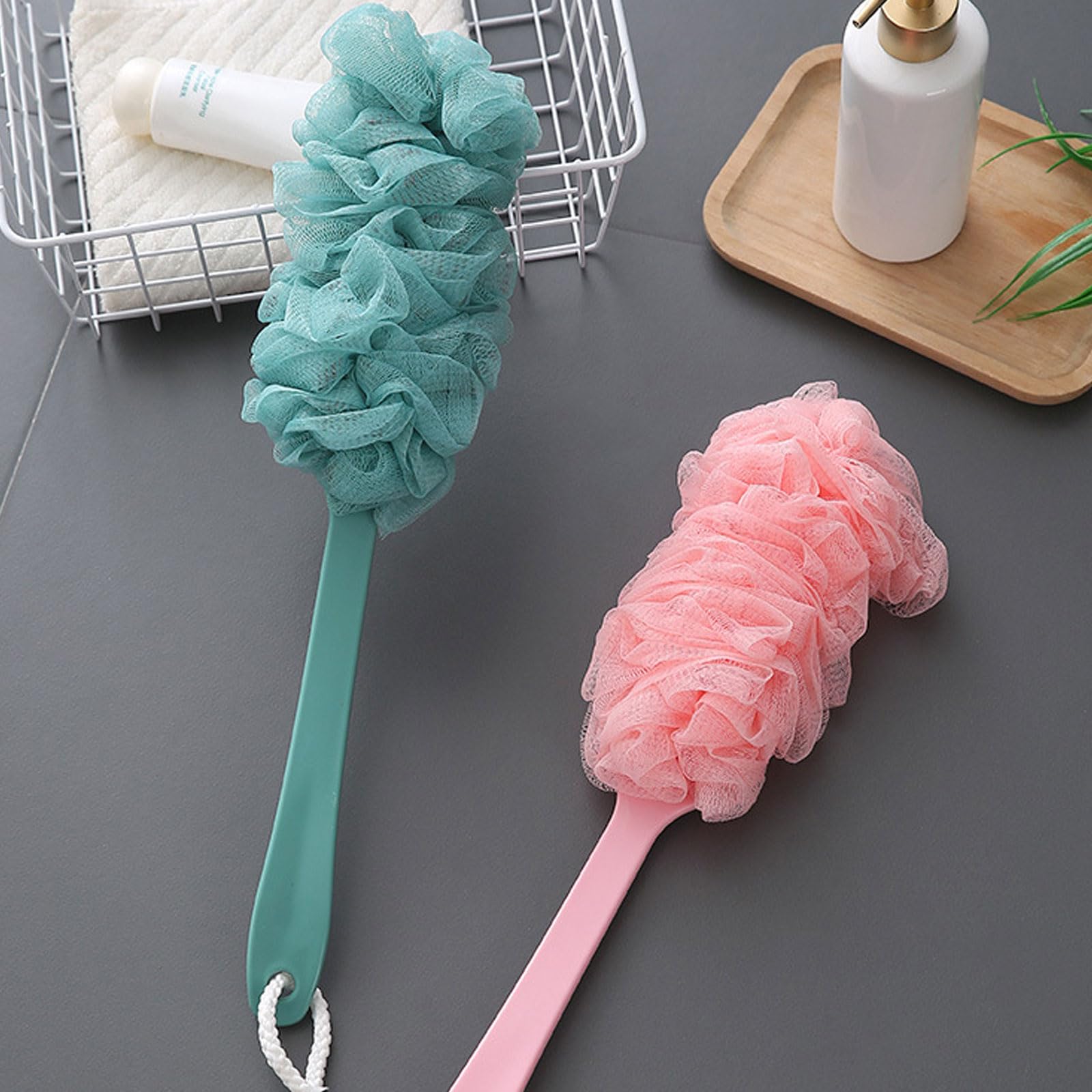 SSKHE 3PCCS Back Brush Scrubber Shower Loofah, Brosse de bain à poignée longue, Brosses de corps de douche, Sponge de douche à brosse arrière, Back Scrubber Long Handle Loofah pour exfolier et enlever