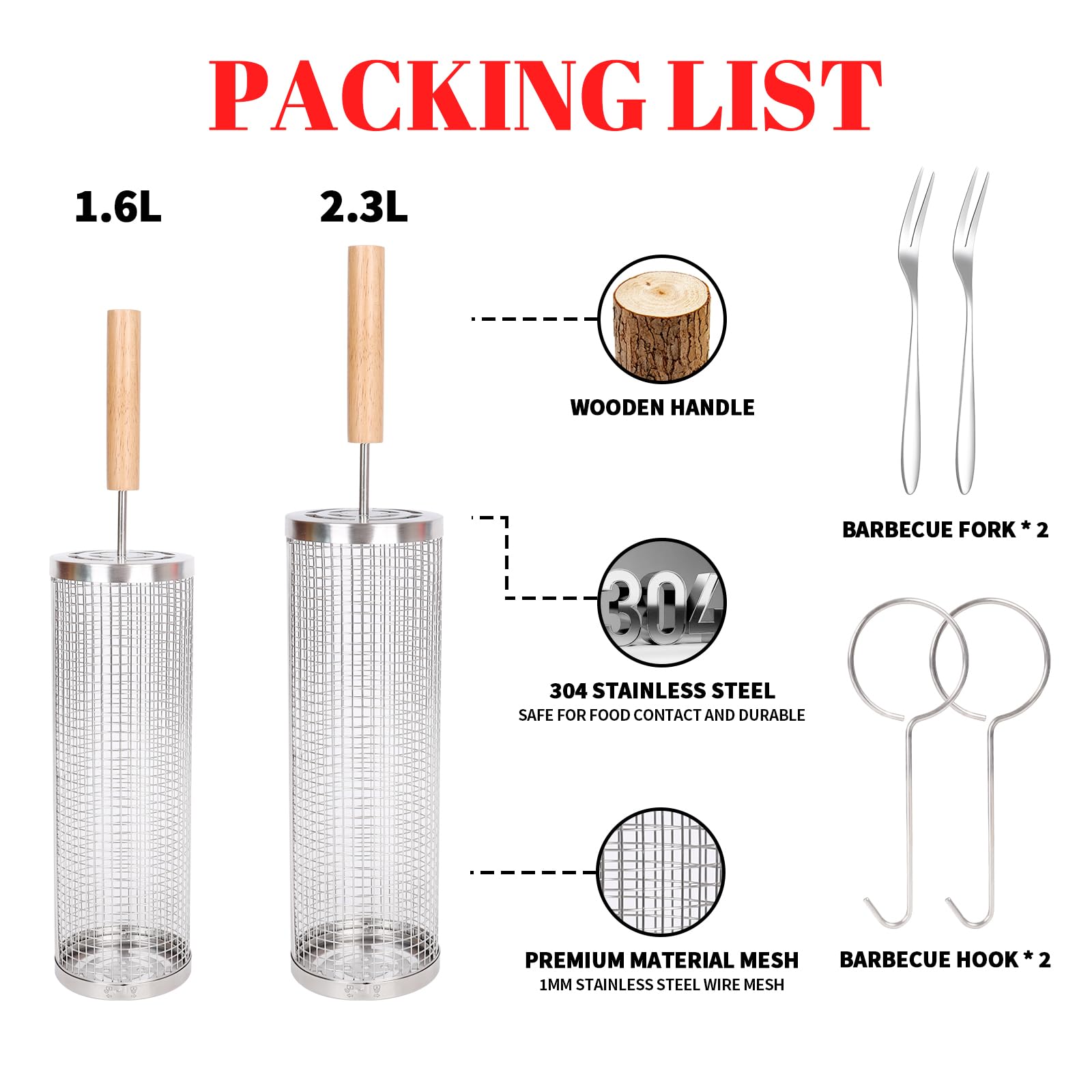 2 cestas de parrilla rodantes con mango de madera,Accesorios resistentes de acero inoxidable para asar verduras/camarones/carne,Herramientas de barbacoa para hombres para acampar al aire libre