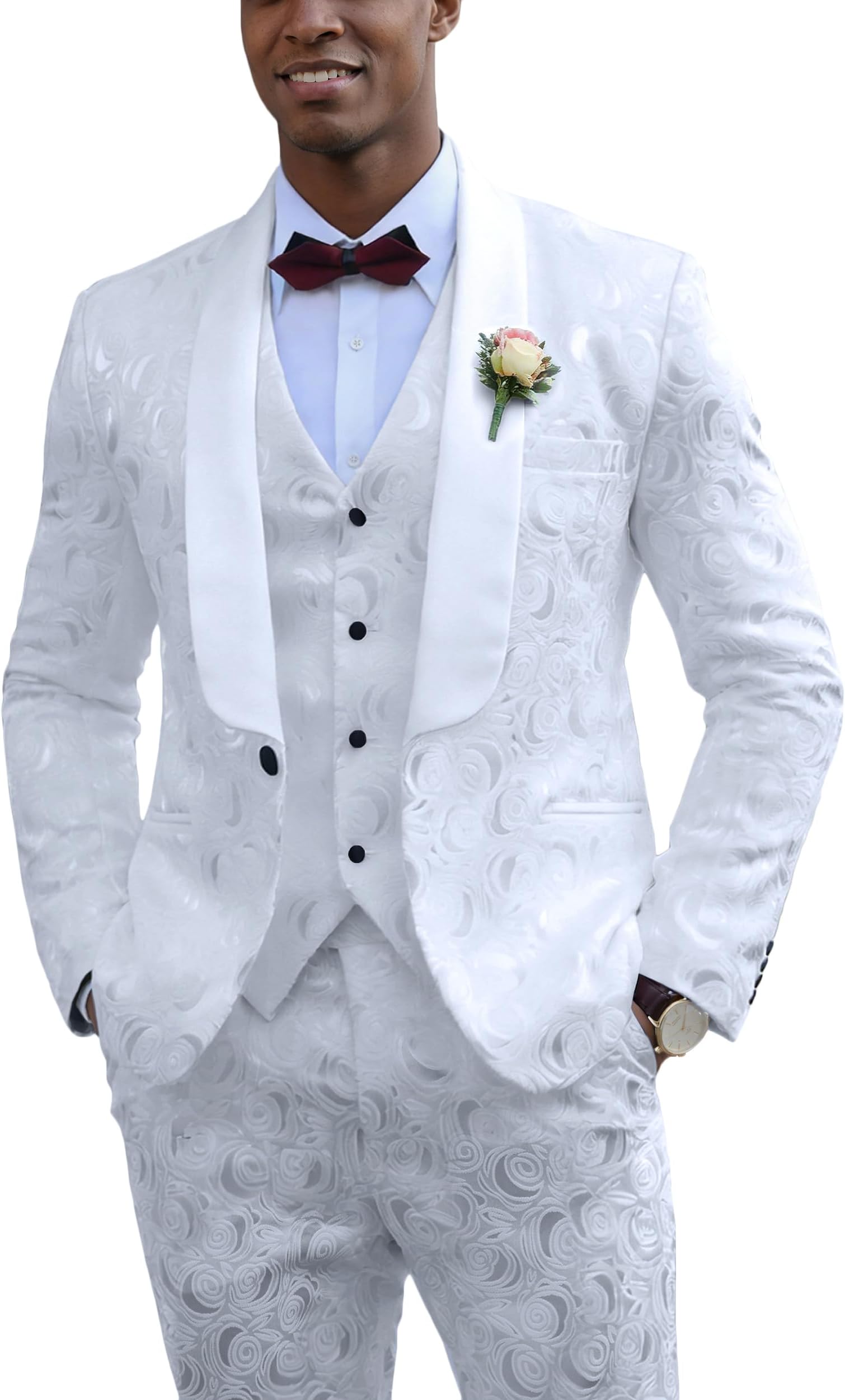 Men's 3 Pieces Wedding Suit Slim Fit Jacquard Blazer Vest Pants