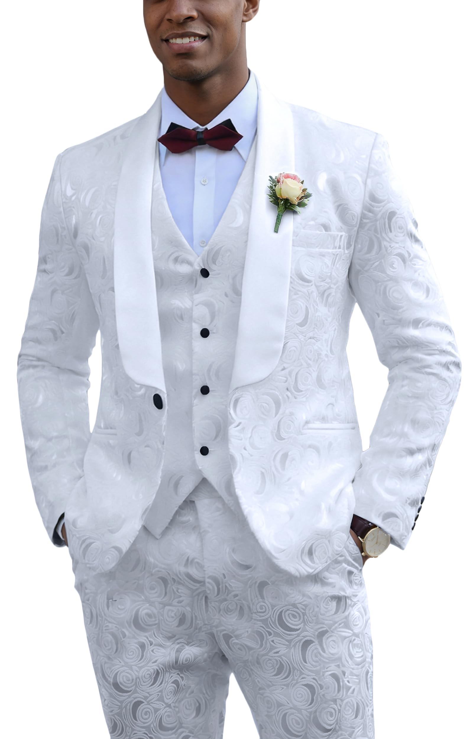 Wemaliyzd Men's 3 Pieces Wedding Suit Slim Fit Jacquard Blazer Vest Pants