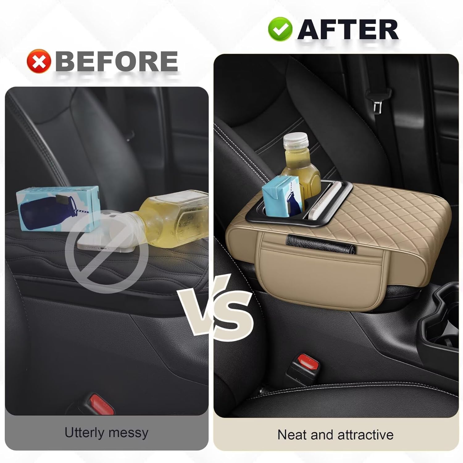Center Console Cover Fit for 4Runner Faux Leather Car Armrest Cushion with Storage Bags, Cup Holder ＆ Phone Storage Multifunctional Middle Console Cover(Beige)