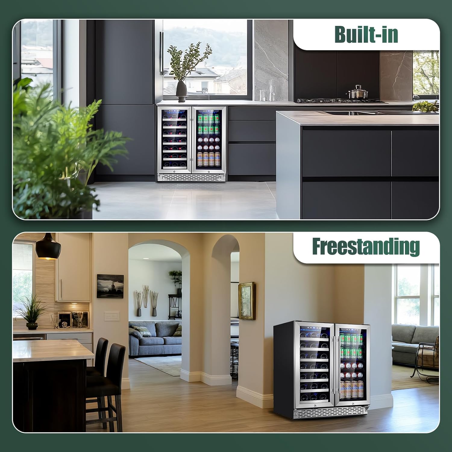 Phiestina Wine and Beverage Refrigerator, 30 inch Dual Zone Wine Fridge with Glass Door 33 Bottles & 100Cans, Built-in or Freestanding Beer Drink Wine Cooler with Blue LED Light