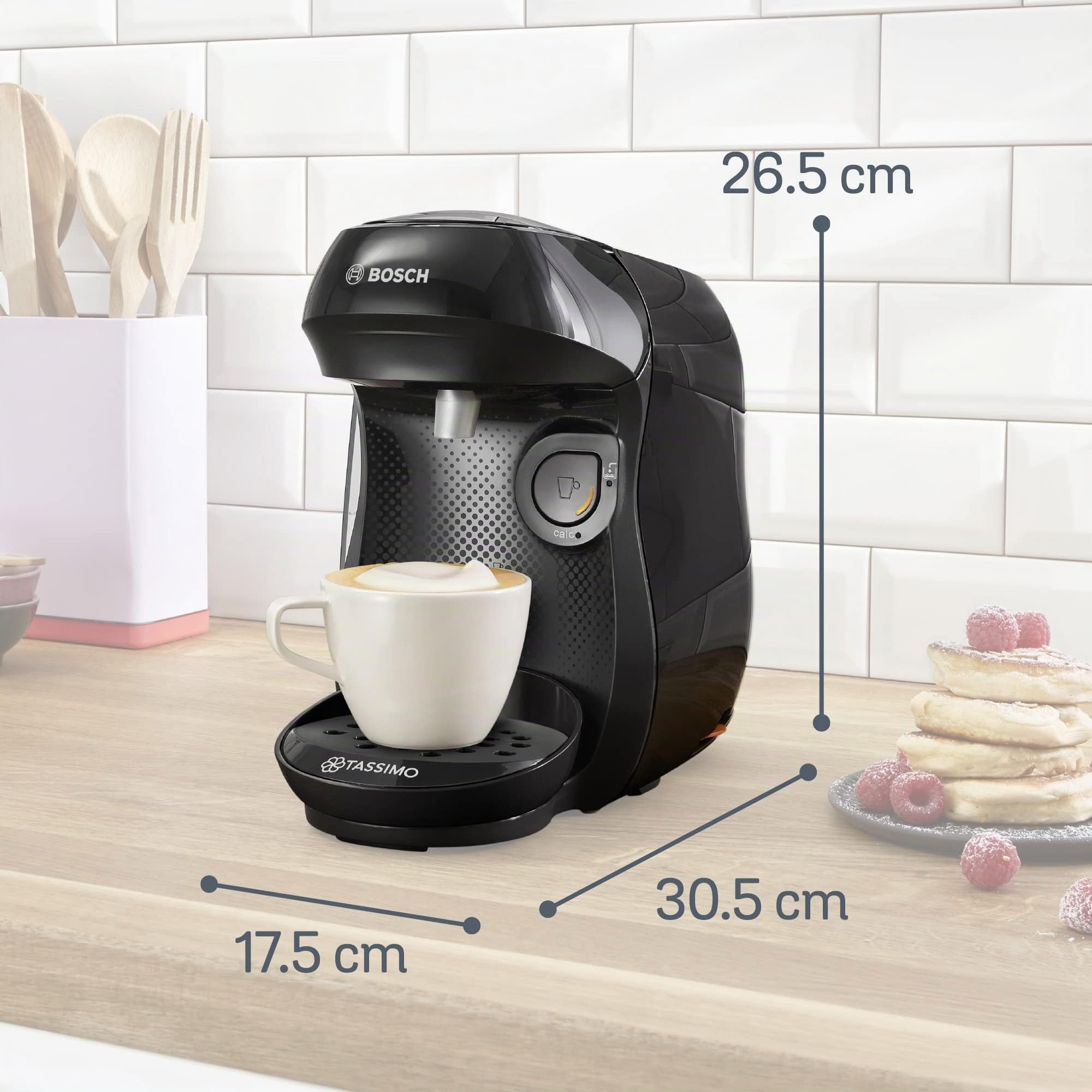 BOSCH máquina multibebida TASSIMO HAPPY, TAS1002, hasta 70 bebidas, OneTouch, servicio individual, tamaño compacto, INTELLIBREW, negro