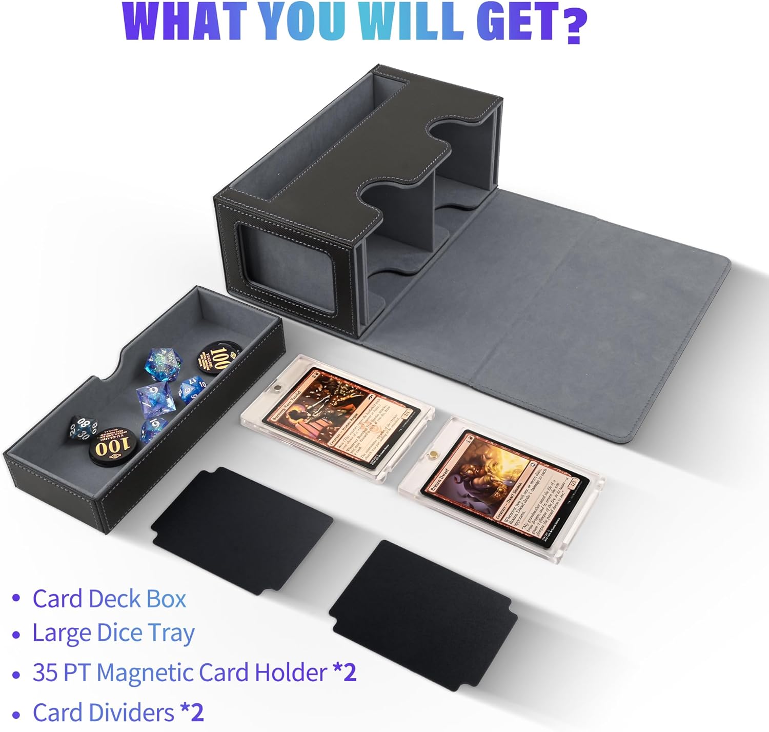 5 in 1 Card Deck Case & MTG Deck Box with 2 Commander Display and Dice Tray