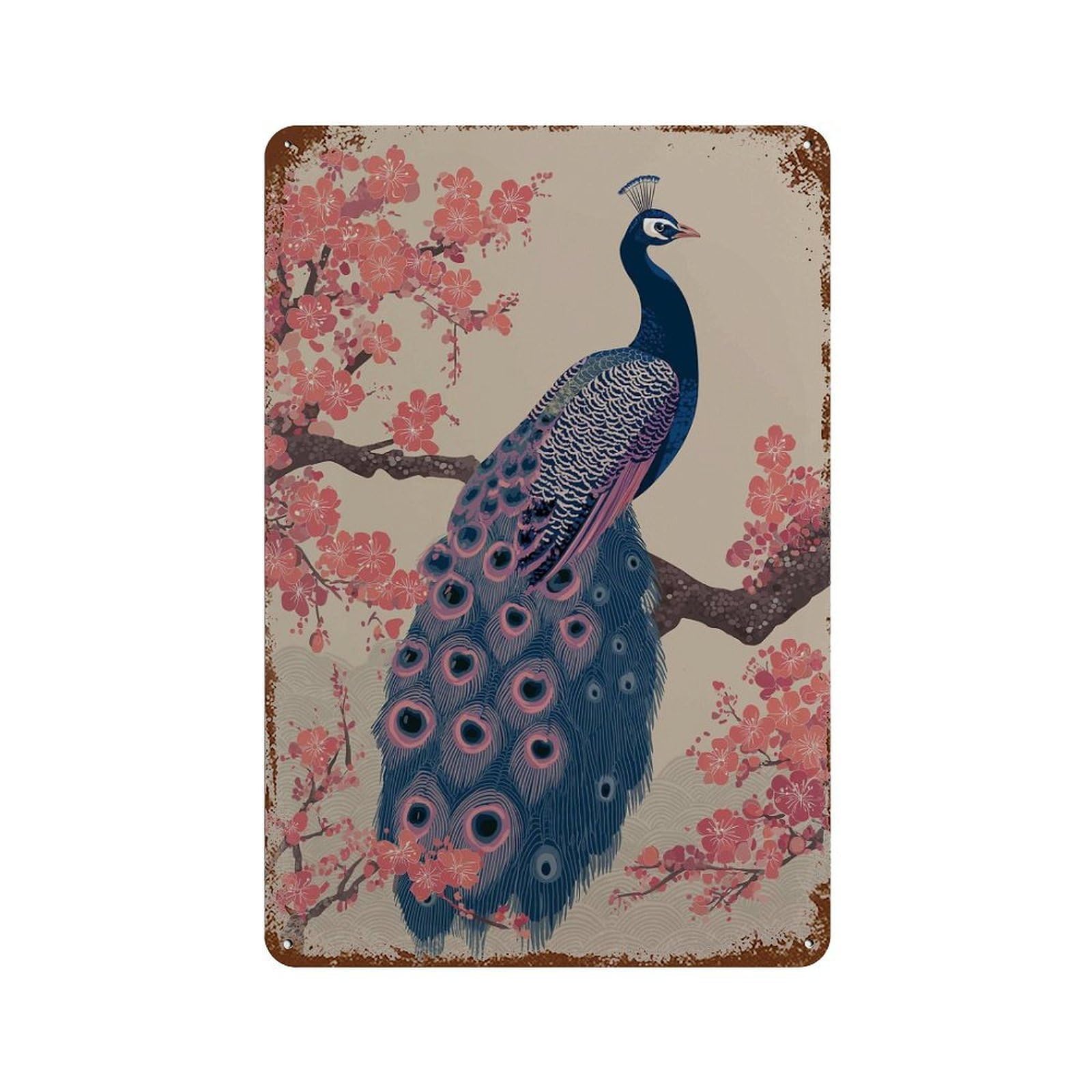 xiaoxiaoshen Elegant Peacock And Cherry Blossom – Japanese Inspired Bird Vibrant Oriental Nat Wall Decor Art Metal Tin Poster Modern Home Decor Art Home Bar Shop Decorations Vintage Sign 30x20cm