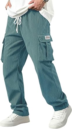 Mens Corduroy Cargo Pants - Comfortable Casual Trousers Elastic Drawstring Waist for Everyday wear and Outdoor