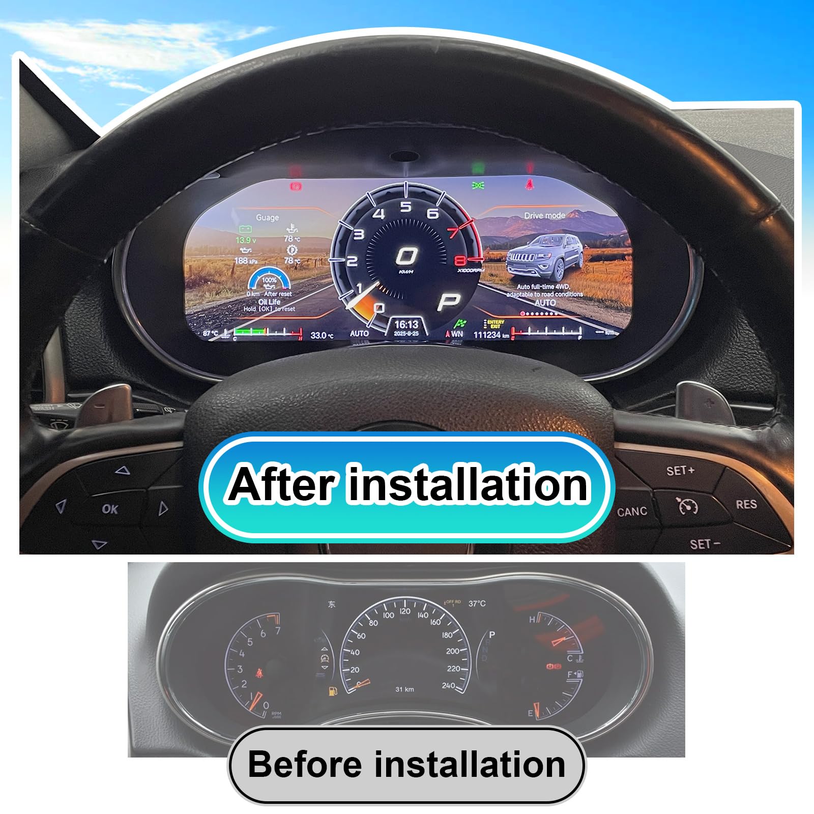 Quadro strumenti digitale da 12,3 pollici per Jeep Grand Cherokee 2014-2020, tachimetro per cruscotto, Carplay Android Auto, LCD