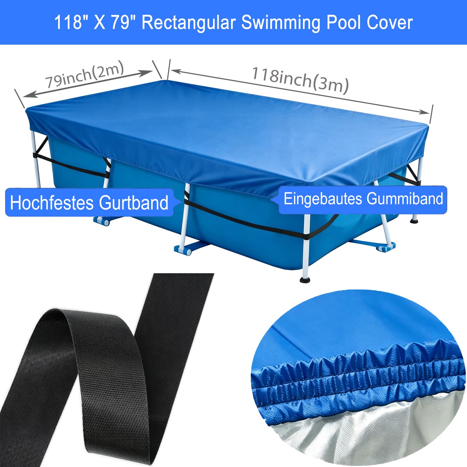 Bâche de piscine rectangulaire de 300 x 200 cm avec élastique intégré et sangle solide - Montage facile - Empêche le glissement (bleu)