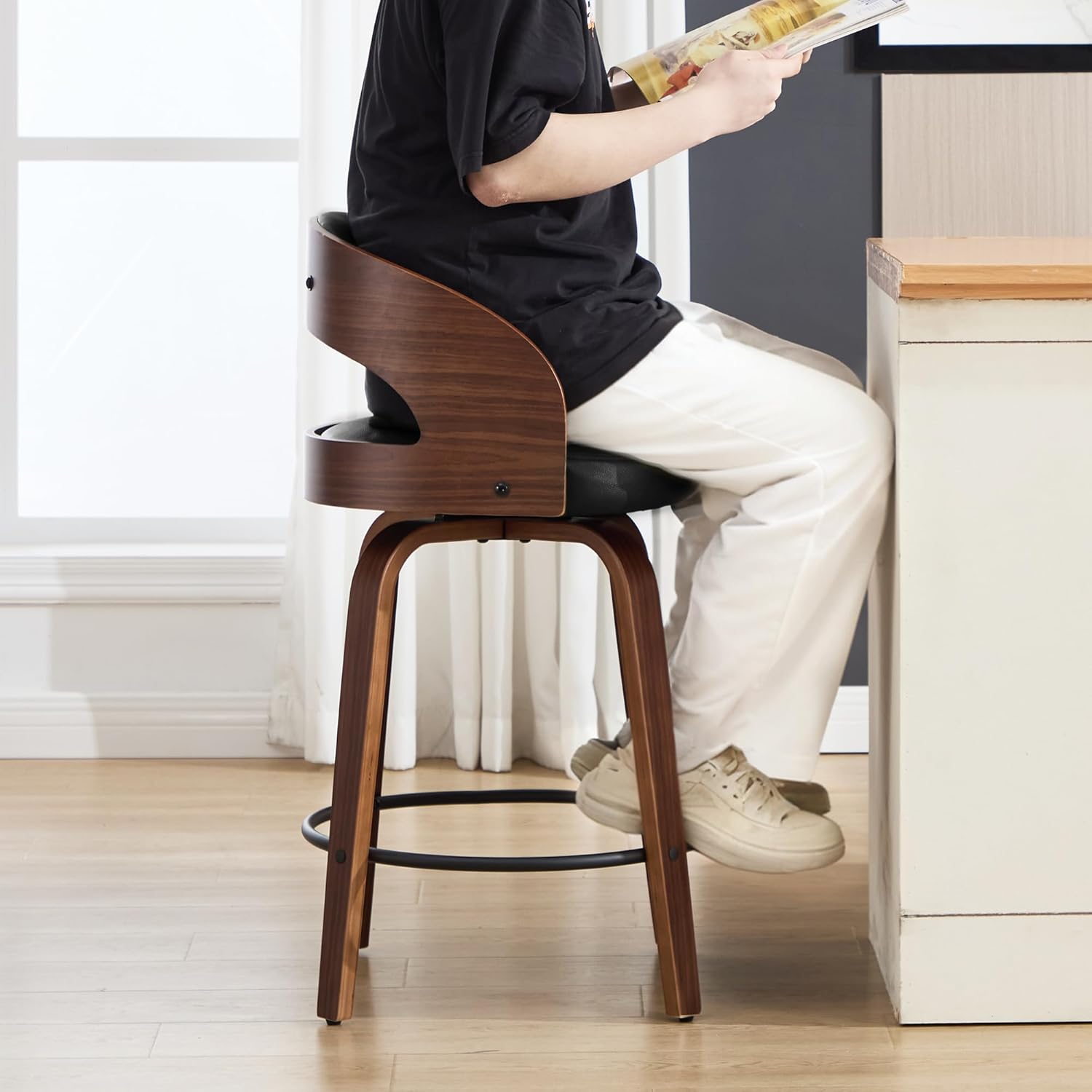 Swivel Bar Stools Set of 3,26" Faux Leather Upholstered Counter Height Barstools with Back,Mid-Century Modern Bar Chairs with Bentwood Legs and Footrest for Kitchen Island Bar Counter Black