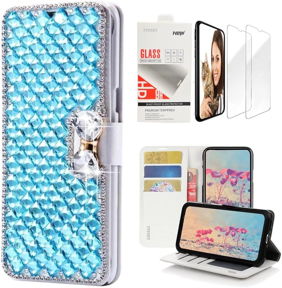 STENES Bling Wallet Phone Case Compatible with Samsung Galaxy A10e - Stylish - 3D Handmade Lattice Bowknot Leather Cover with Screen Protector [2 Pack] - Light Blue