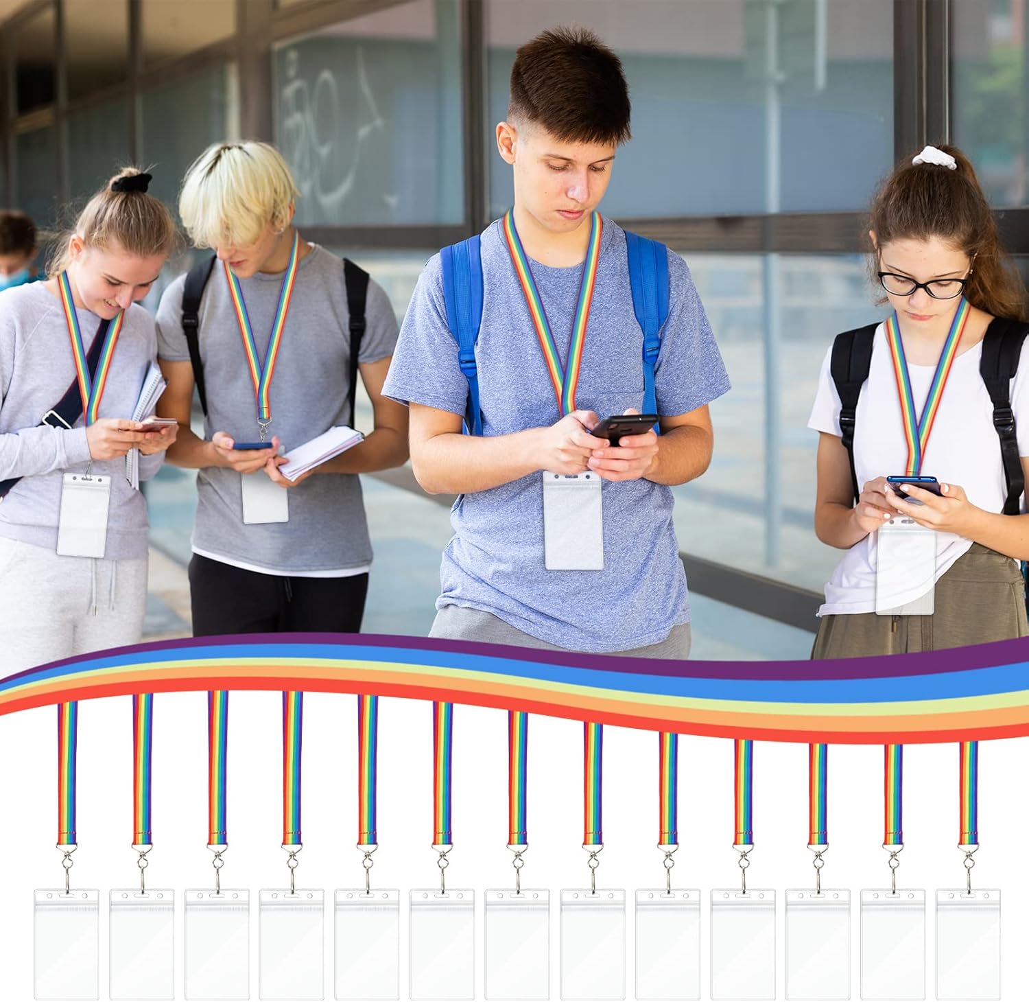 Teling 50 Sets Lanyard with ID Badge Holders, Detachable Pride Keychain Lanyard with Vertical Tag Holders for Kids, Colorful Lanyard with Thicken Card Case for Teachers (Rainbow)