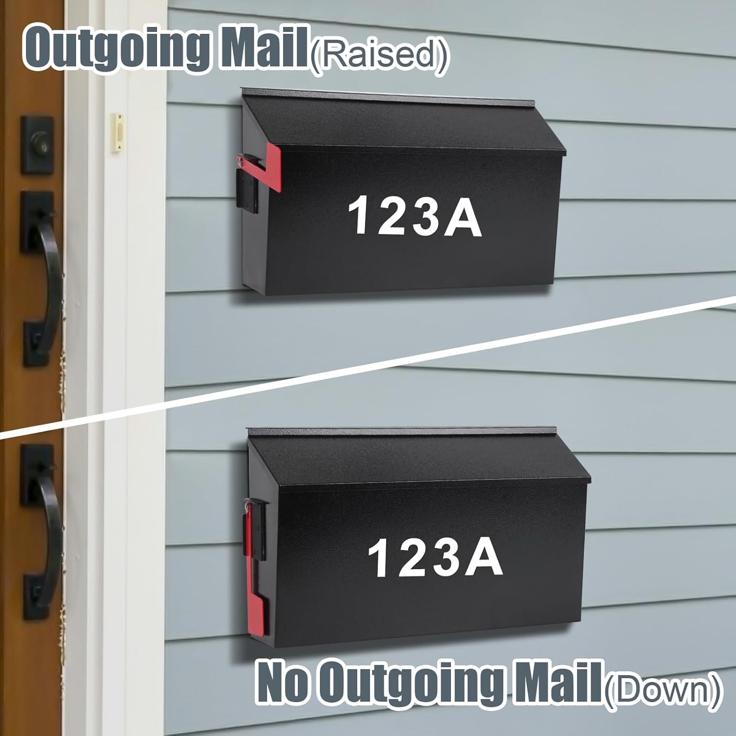 KYODOLED Wall Mount Mailboxes for Outside with Flag and Number Stickers, Galvanized Steel Rust-Proof Metal Post Box, Large Capacity Mail Box for House,15.7"x9.9"x4.9" Black