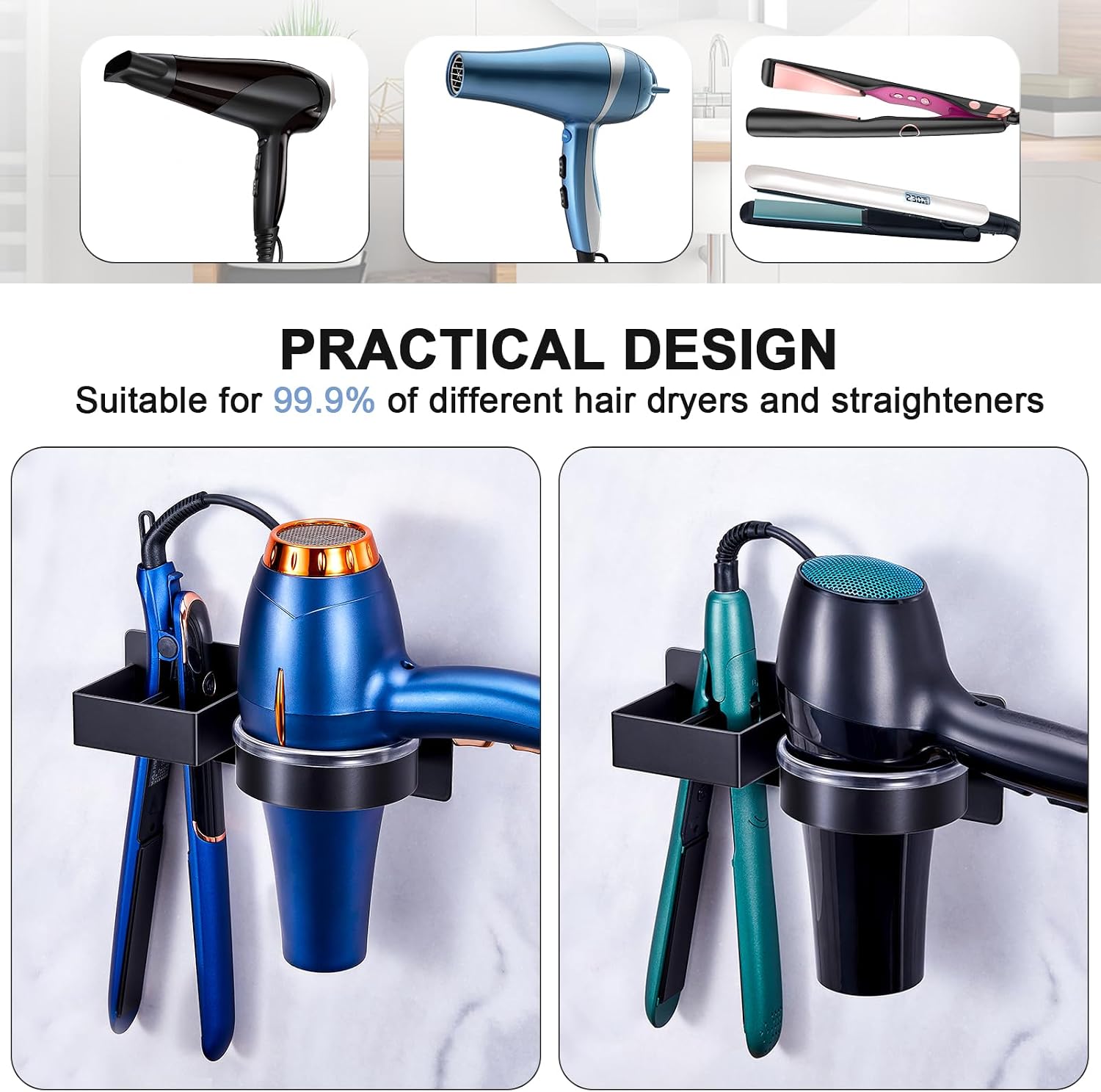 Hair Straightener Holder Wall Mounted Blow Dryer Holder, Blow Dryer and Curling Iron Holder, Bathroom Hair Dryer Straightener Holder, Salon Hair Tools Organizer Storage (Black)