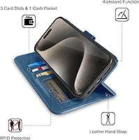 Vista 5 de Funda tipo cartera para iPhone 15 Pro Max con soporte para tarjetas, funda de cuero magnética fuerte desmontable, compatible con carga inalámbrica