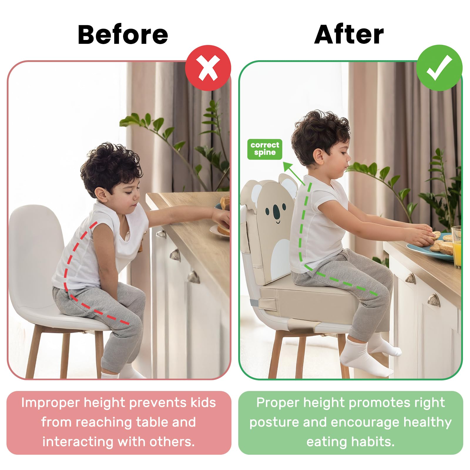 Silla Elevadora para Niños para la Mesa, 10cm PU Impermeable Cojín Con Respaldo y Ajustables Cinturón de Seguridad, 36 x 32 x 10 CM - Koala Caqui