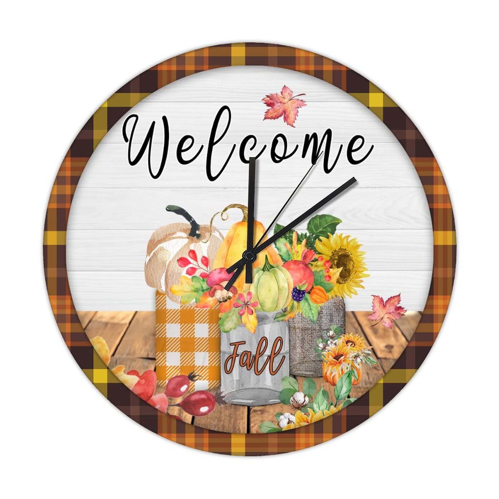 Horloge bois citrouilles d'automne vintage silencieuse pour déco murale