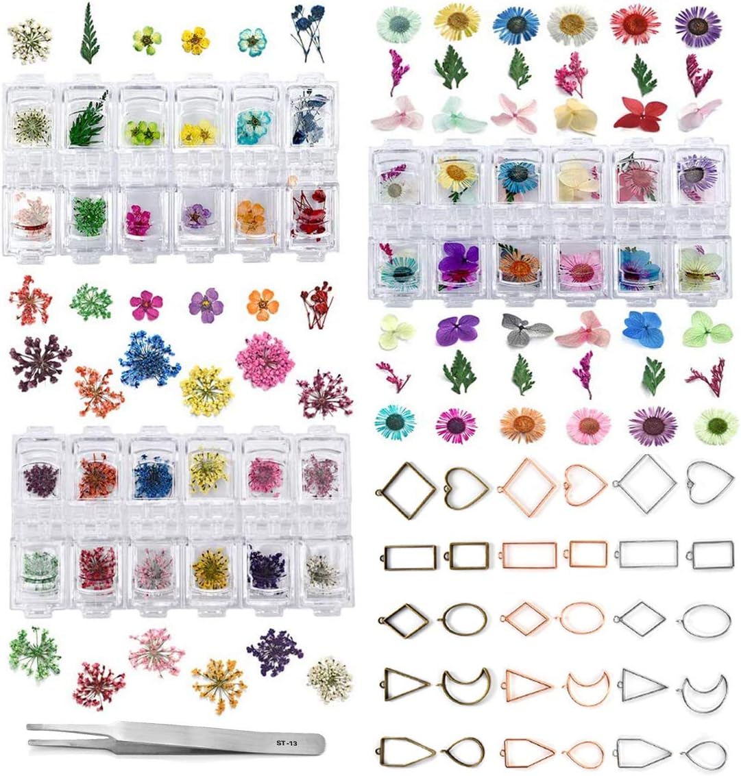 LANBEIDE 3 Sets Natural Real Dried Flower with 30PCS Hollow Bezel Trays, Tweezers for Epoxy Resin Casting Molds Nails