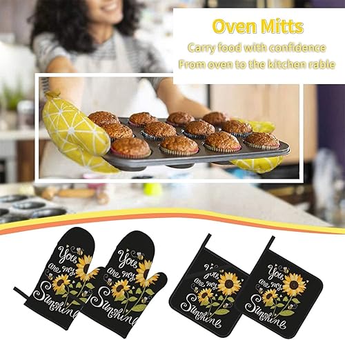 Miniatura 6 de Juego de 4 manoplas de horno y soportes para ollas, diseño de girasol, resistentes al calor, guantes para horno de cocina, agarraderas, almohadillas