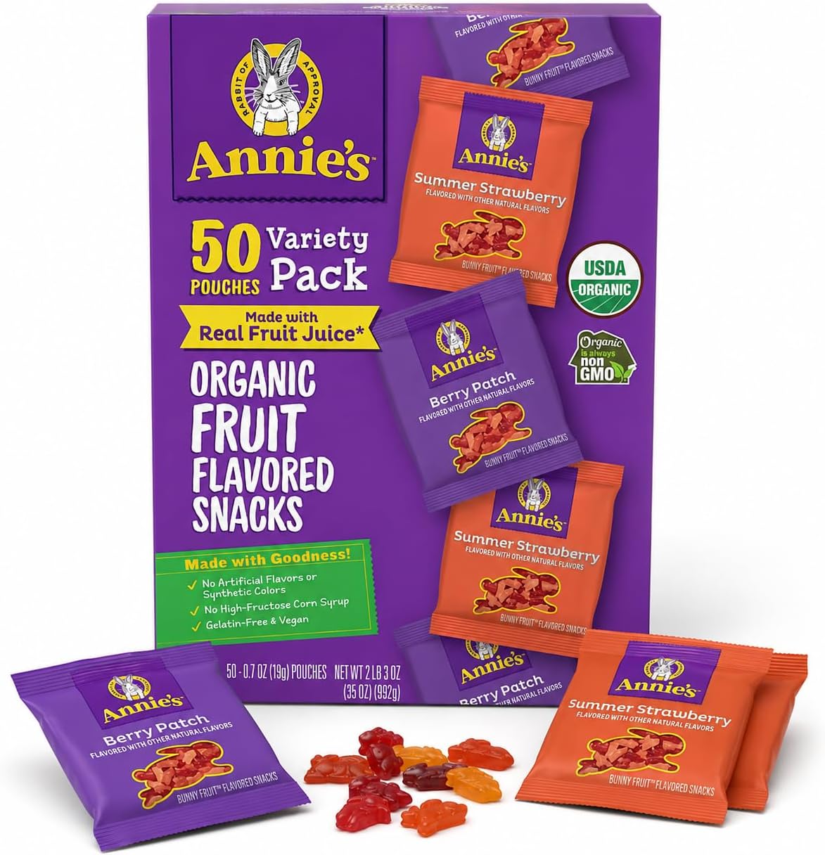 Annie’s Organic Fruit Snacks Variety Pack, Berry Patch & Strawberry, 50ct | Certified vegan, gluten-free, allergen-friendly, shelf-stable, pre-portioned, real fruit juice, no synthetic dyes