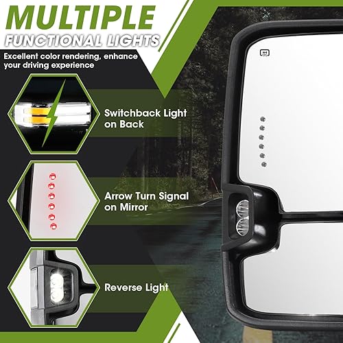 Miniatura 8 de Switchback - Espejos de remolque para Chevy Silverado Avalanche Suburban Tahoe/GMC Sierra Yukon 2007-2013 con señal dinámica calentada eléctrica,