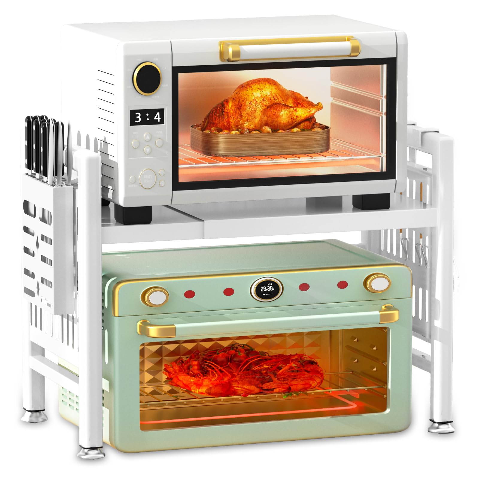NLMWTI Soporte Extensible para Microondas de 2 Niveles, Soporte para Microondas con Soporte Cuchillos, 6 Ganchos, Soporte para Microondas y Horno Cocina, soportar 35 kg