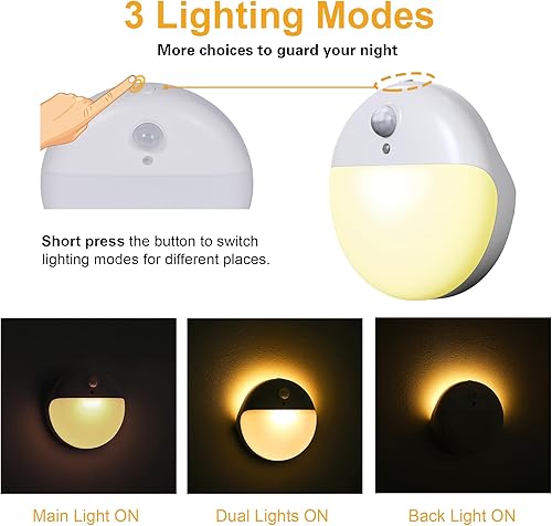 Miniatura 4 de YUNLEX Paquete de 2 luces nocturnas con sensor de movimiento, amarillo dorado, 3 modos de iluminación, atenuación continua, funciona con pilas, LED