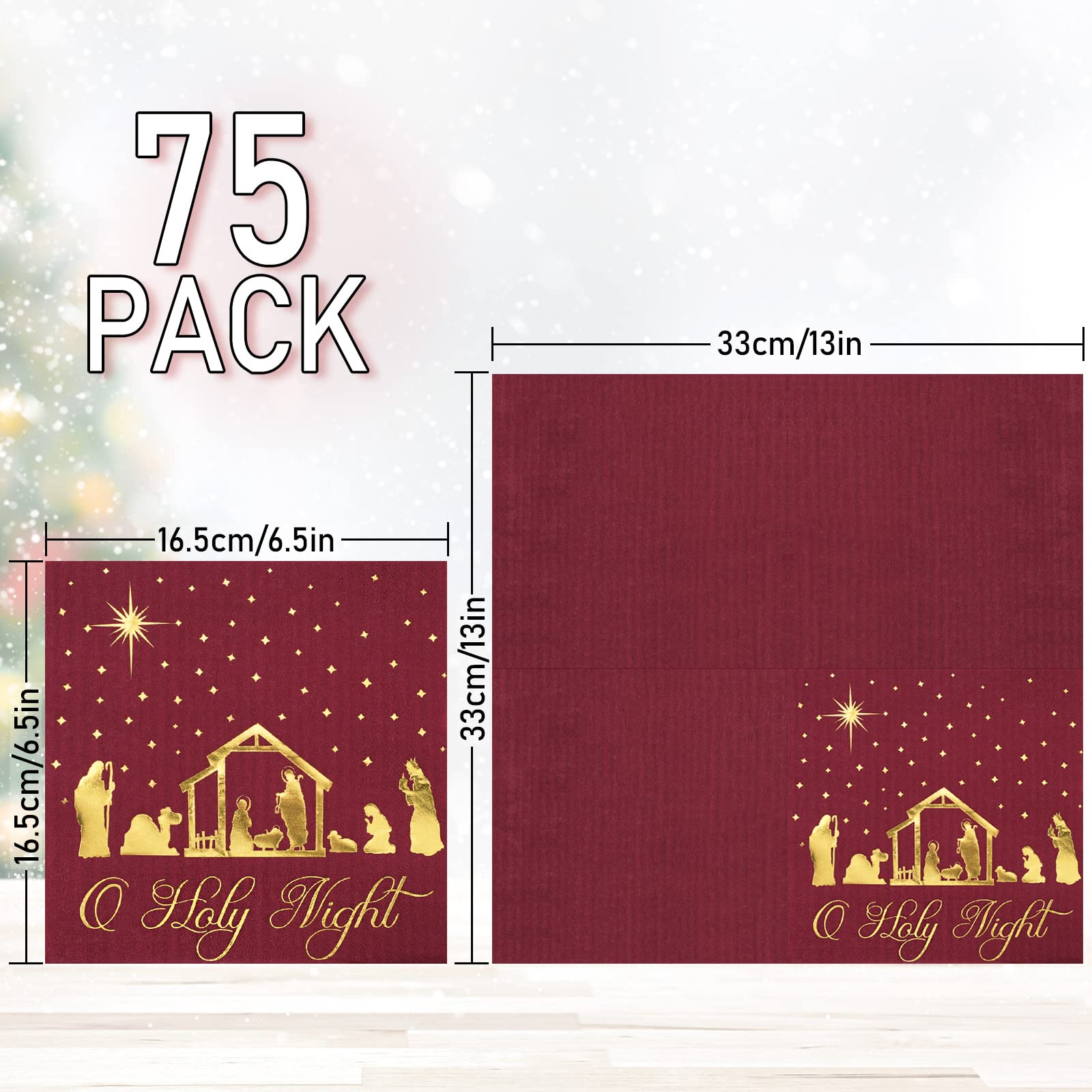 Whaline 75 Pack Christmas Regilious Napkins Holy Night Nativity Disposable Paper Napkins 6.5in Jesus Joy to the World Gold Foil Cocktail Napkins for Xmas Holiday Party Supplies Dinner Table Decor