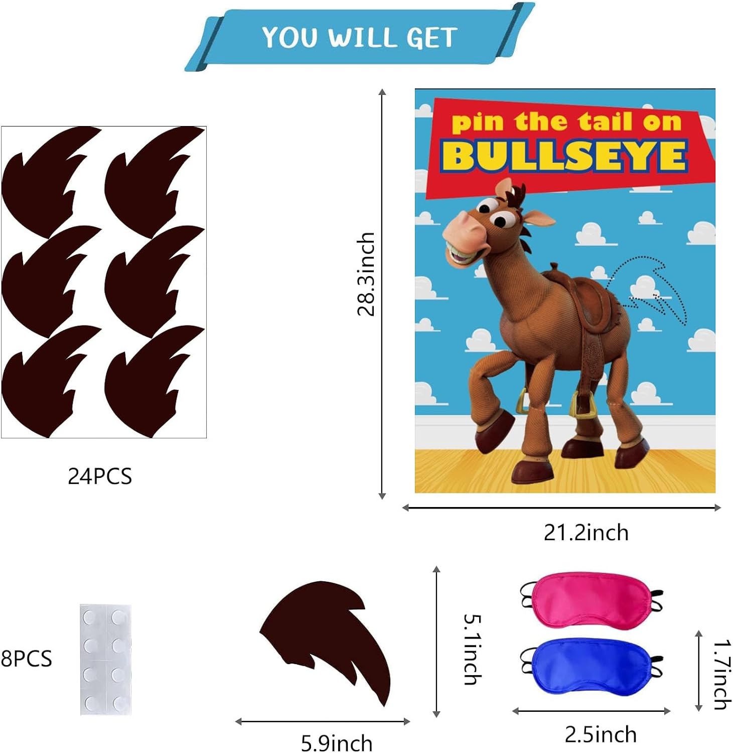 Fenghu Toy Inspired Stories Birthday Party Decoration Supplies, Pin The Tail on The Bullseye Party Game, Poster 24PCS Tail Stickers for Kids Boys Birthday Toys 4th Party Favos