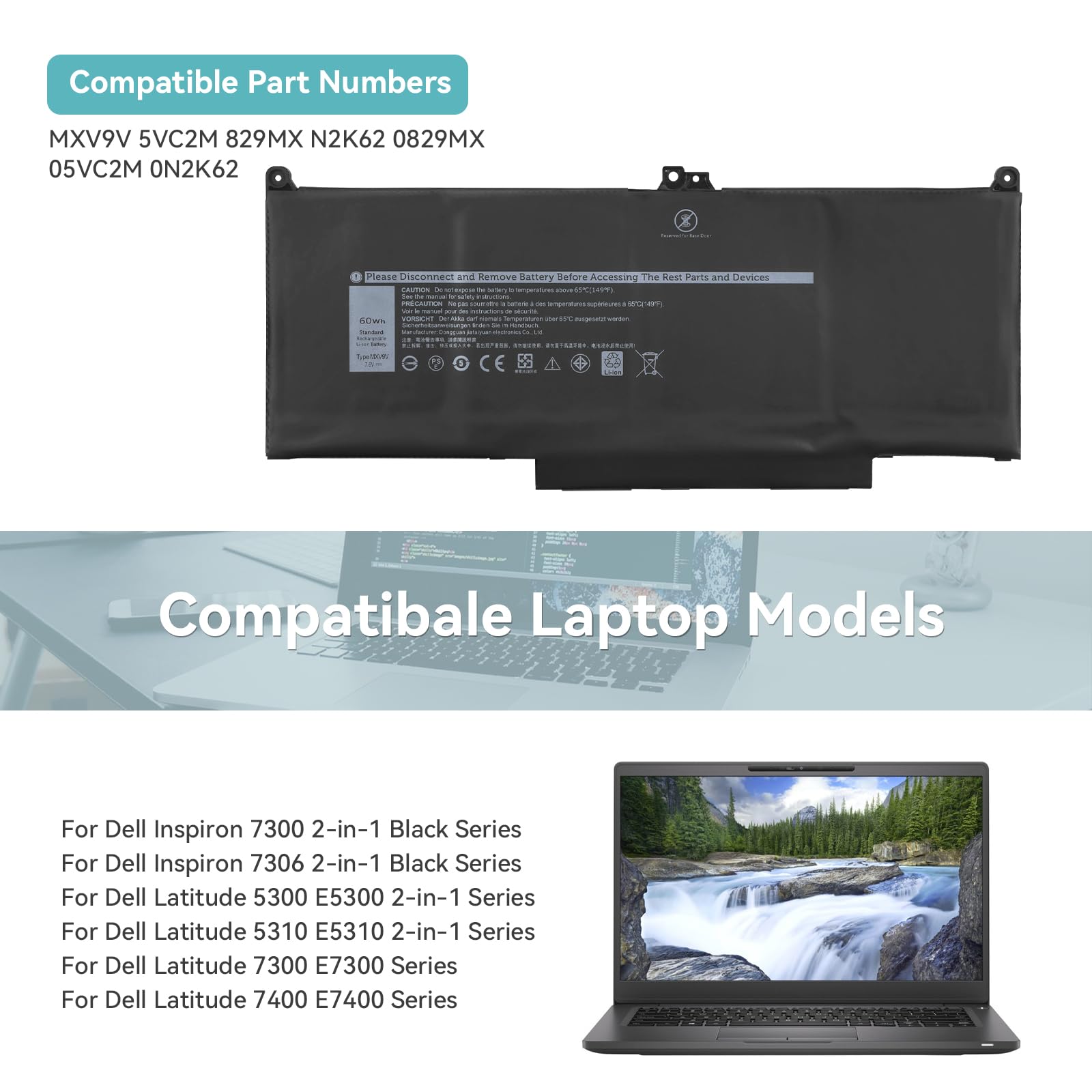 60Wh MXV9V Batterie pour Dell Latitude 5300 5310 7300 7400 E5300 E5310 E7300 E7400 Inspiron 7300 7306 2-in-1 Black P96G P97G P99G P100G P97G001 P97G002 P100G001 451-BCJG D1XK9 829MX 5VC2M N2K62 05VC2M