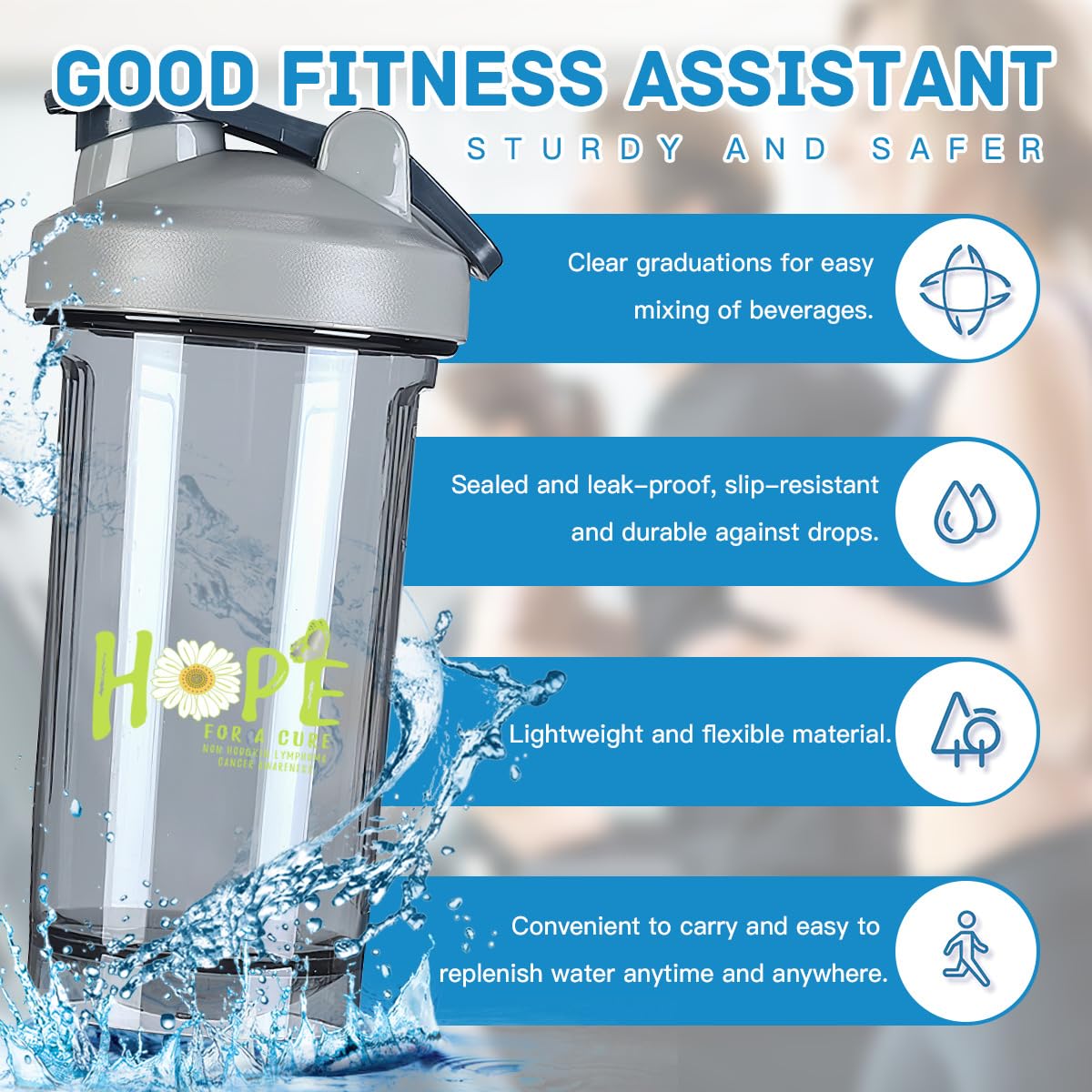 Hope for A Cure Non Hodgkin lymphoma Cancer Awareness Flower 18 Ounce Shaker Bottle Drink Mixer Leak-proof Pre Workout Protein Shakes Meal Replacement Shakes Bottles 500ML/18 Oz Gray
