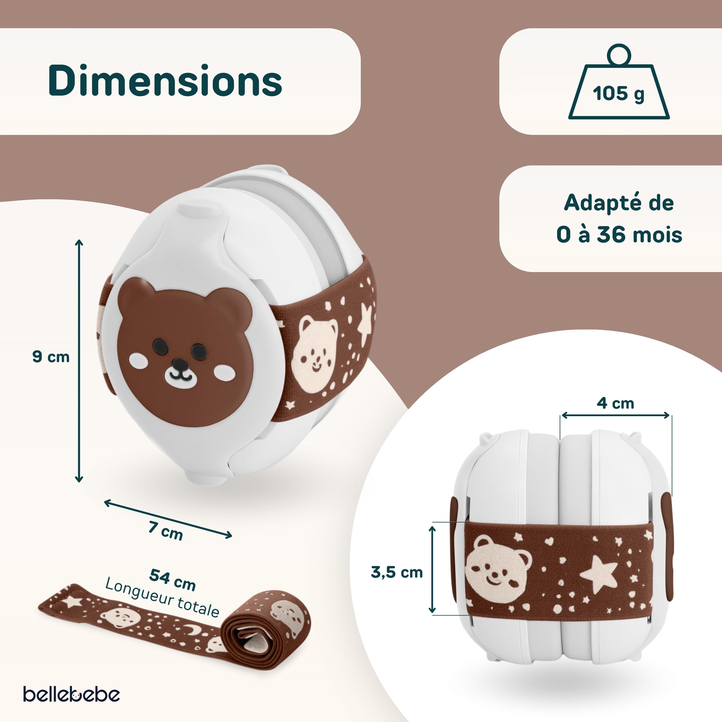 BELLEBEBE - Casque Anti Bruit Bébé - 0-36 Mois - Hypoallergénique et Sans BPA - Certifié EN352-1, RoHS, CPC - Casque Avion Bebe - Bandeau Ajustable