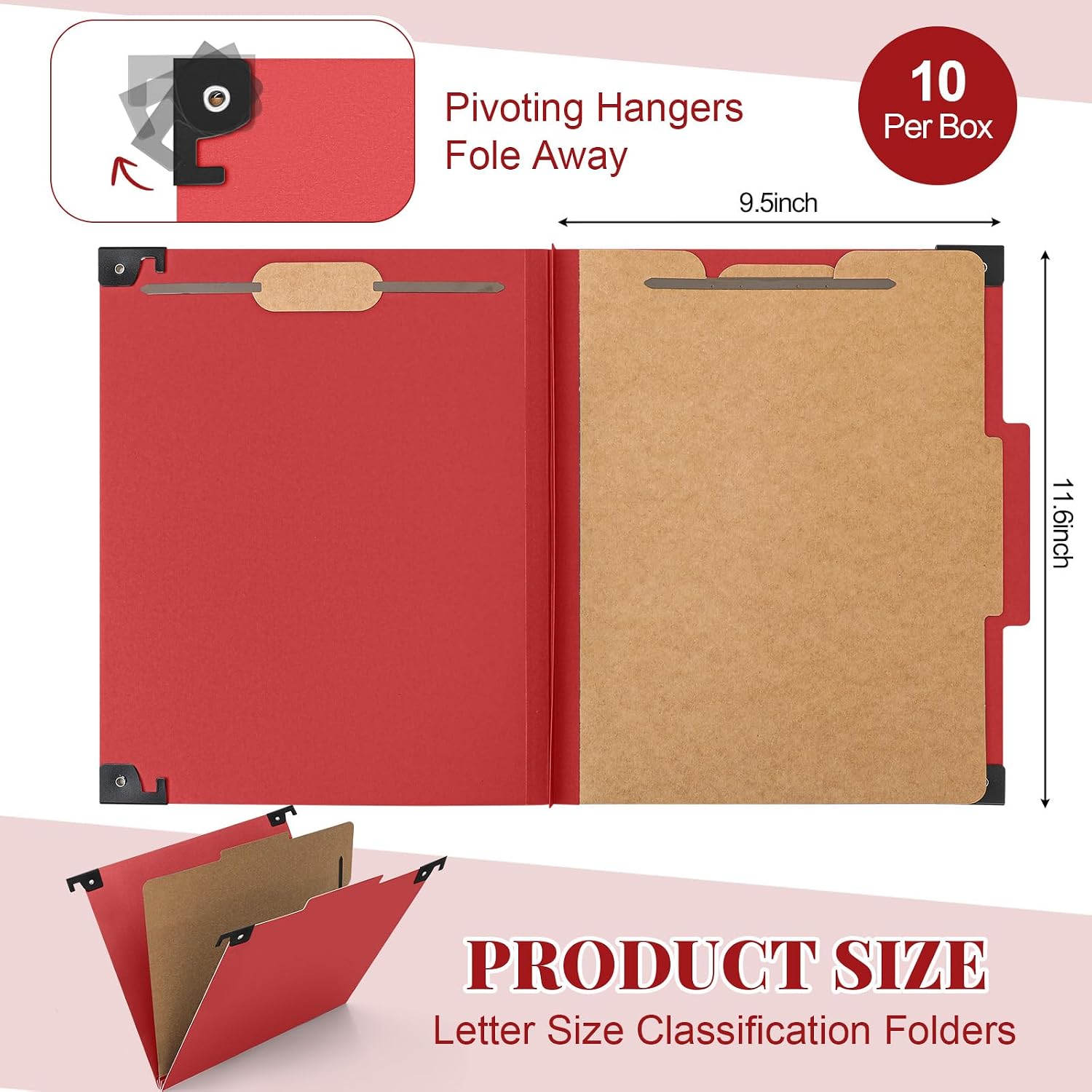 Henoyso 10 Pcs Hanging Classification Folders Bulk with 2 Prongs, 1 Divider Letter Size, 2 Inch Expansions Pressboard File Folder, 1/3-cut Tab File Organizer (1 Divider,Dark Red)